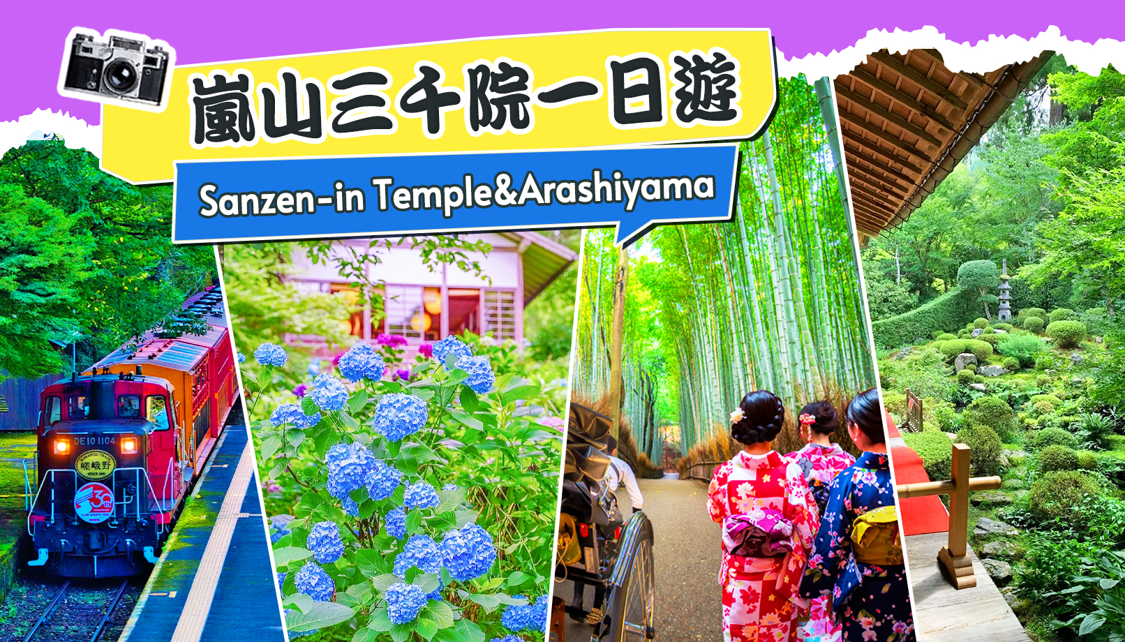 京都宝藏之旅 | 三千院（6/7月可赏绣球花） & 岚山深度悠闲一日游，嵯峨野小火车、竹林漫步、足汤温泉暖身心|大阪或京都上下车