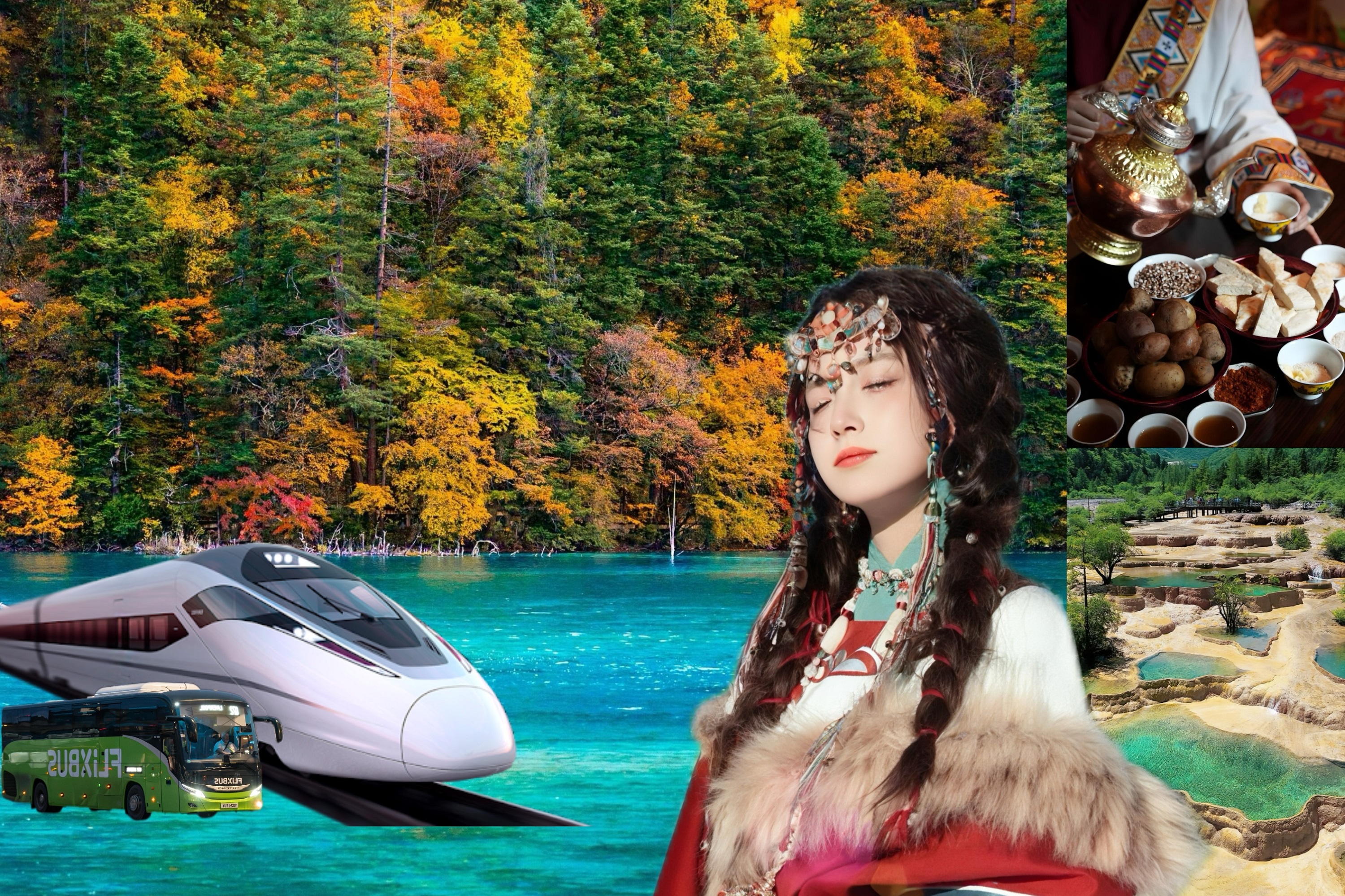 四川成都九寨沟黄龙动车往返3天2晚游（动车往返+童话九寨+人间瑶池黄龙+藏家家访享特色土火锅）